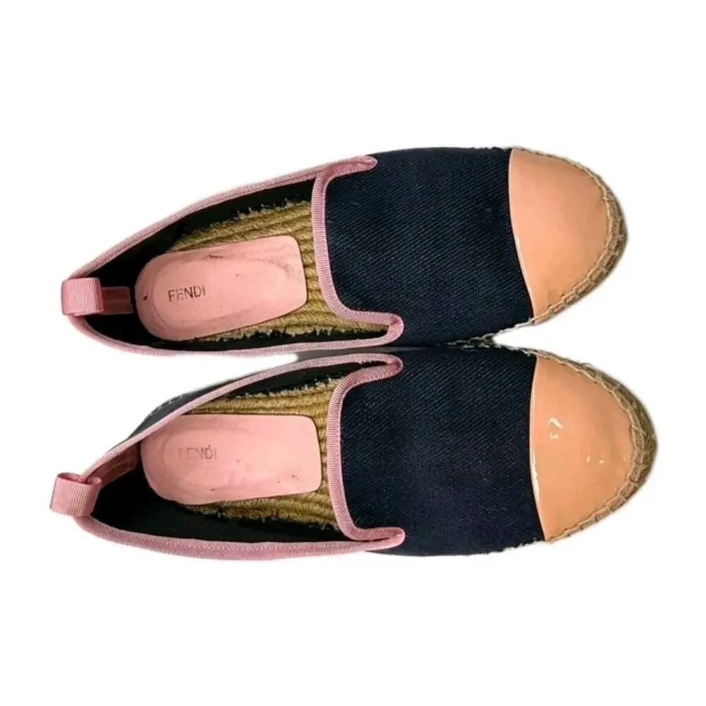 Fendi Junia Espadrilles Sz 38 Blue Denim Pink Patent Leather Cap Toe Summer Flat